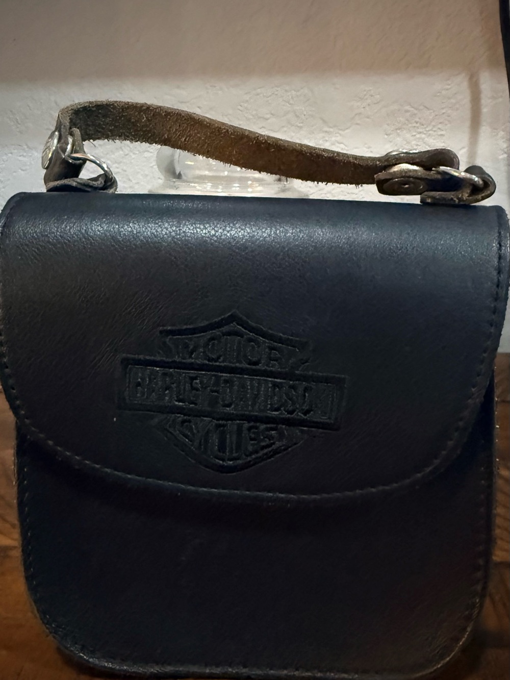 Harley-Davidson Black Leather Compact Messenger Bag with Top Handle